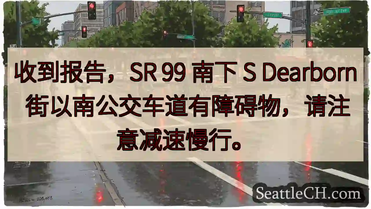 SR 99 南下：公交车道有障碍！减速慢行。