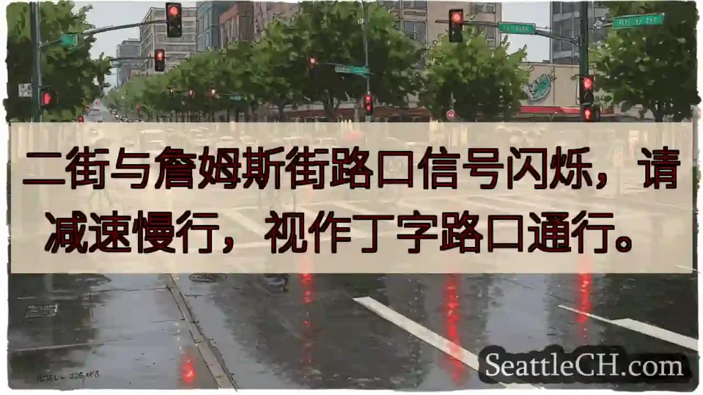 信号闪烁！减速慢行，视丁字路口通行。