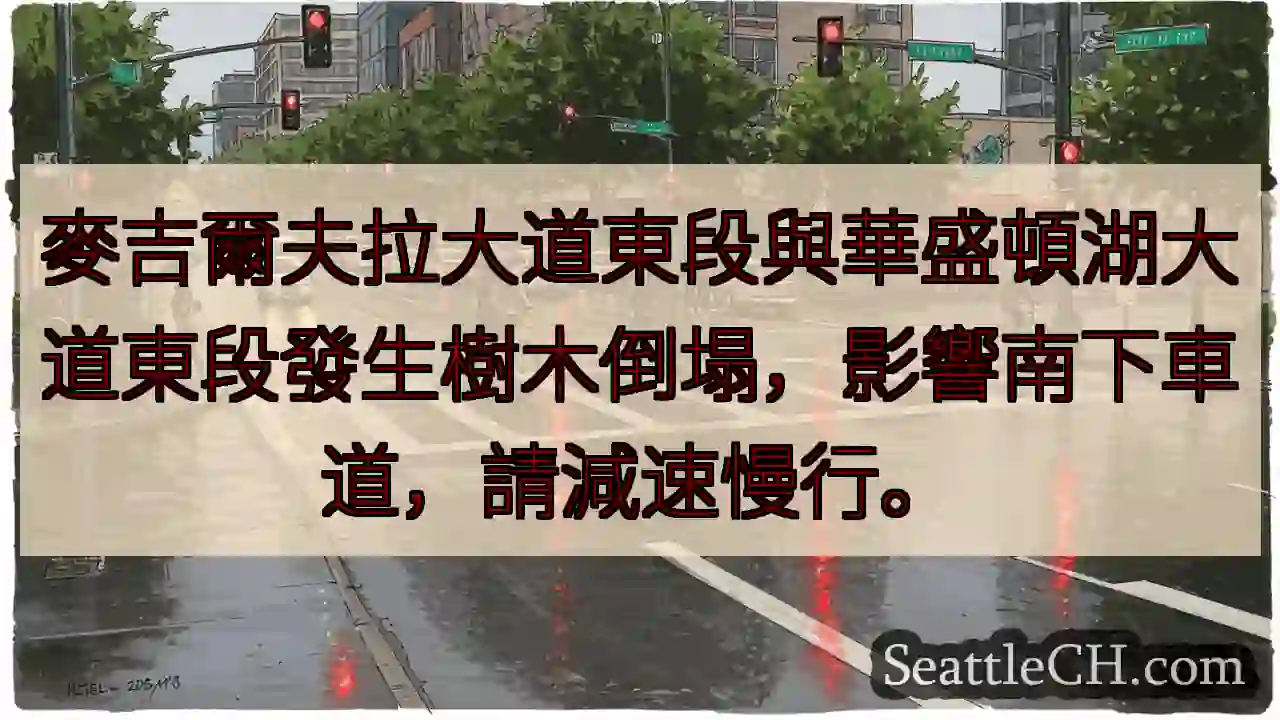 樹木倒塌！南下車道受阻，請慢行。