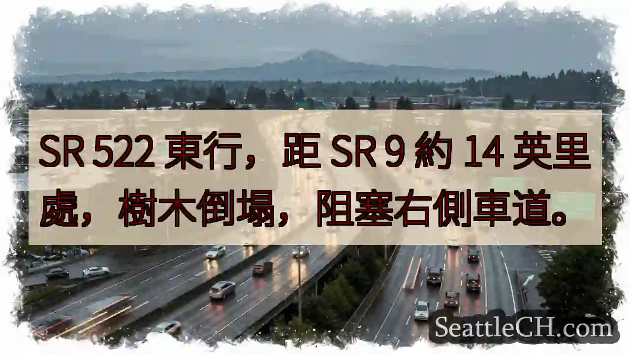 SR 522東行：樹木倒塌，右側車道阻塞