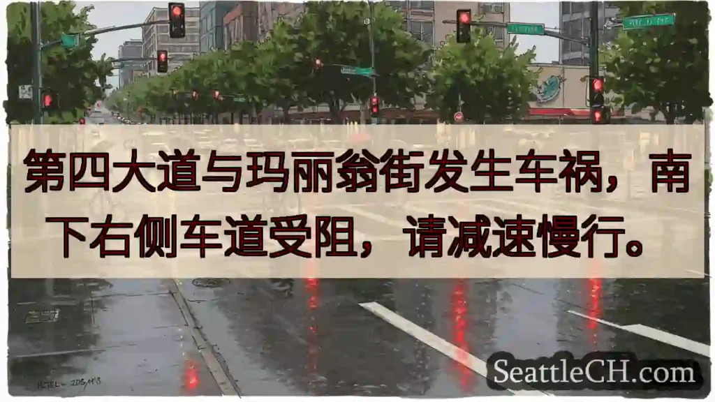 四马路车祸!右侧车道受阻,减速慢行。