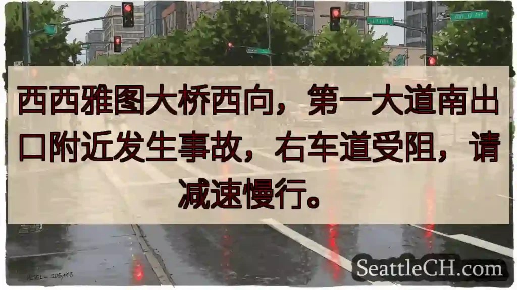 西雅图大桥事故！右道受阻，减速慢行。