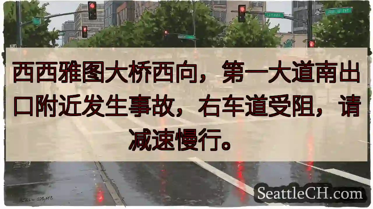 西雅图大桥事故！右道受阻，减速慢行。