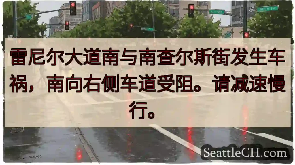 雷尼尔路南:事故!右侧车道受阻