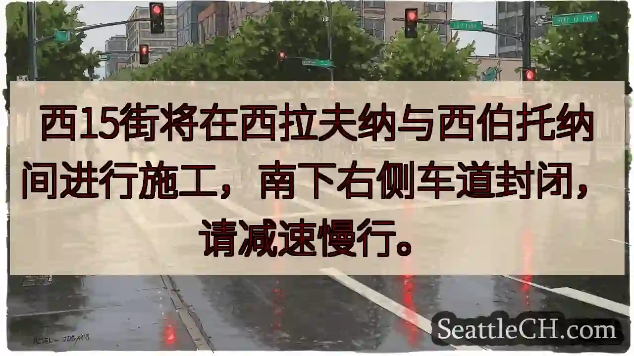 西15街施工，右侧车道封闭！减速慢行。