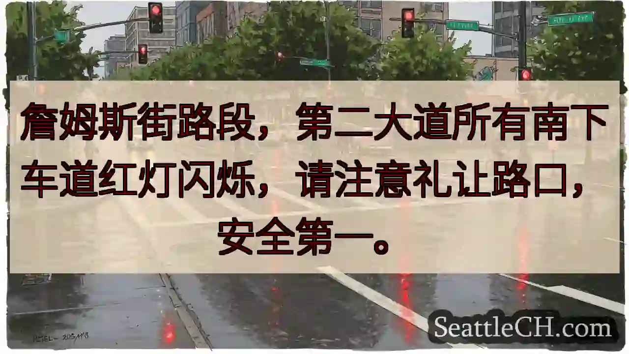 詹姆斯街：南下红灯闪烁！礼让安全。