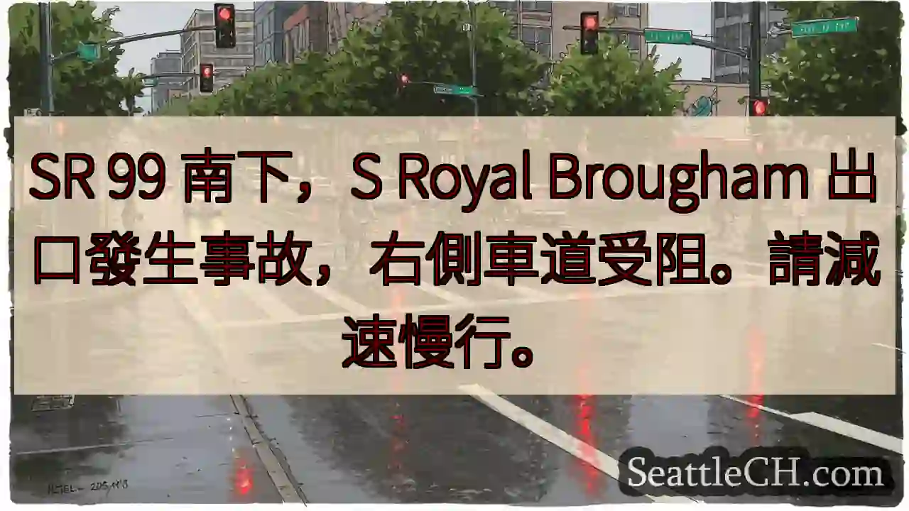 SR 99 南下事故！右侧车道受阻。