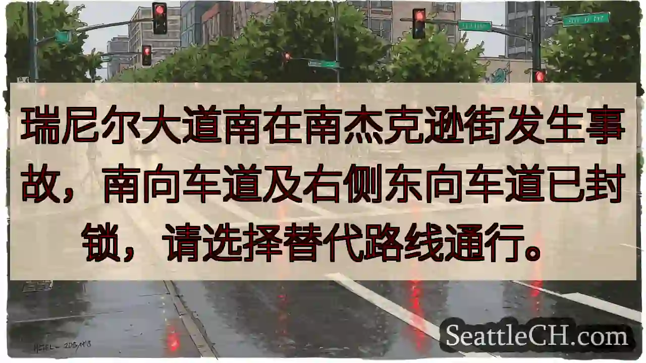 瑞尼尔大道事故！南向及右侧东向车道封锁