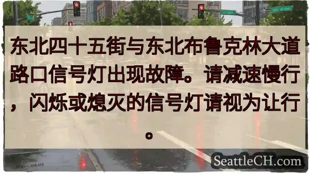 四十五街路口信号灯故障!请减速慢行。