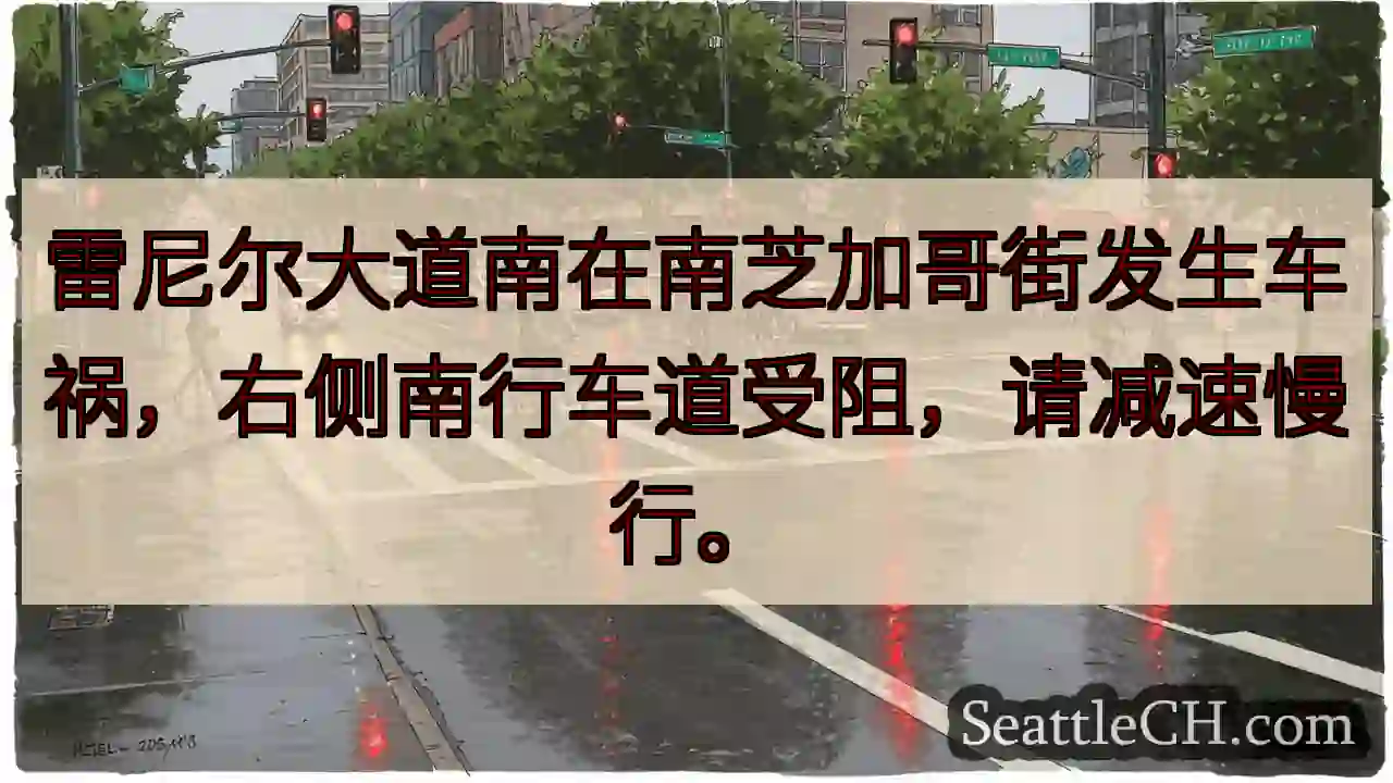 雷尼尔南行车道事故！减速慢行