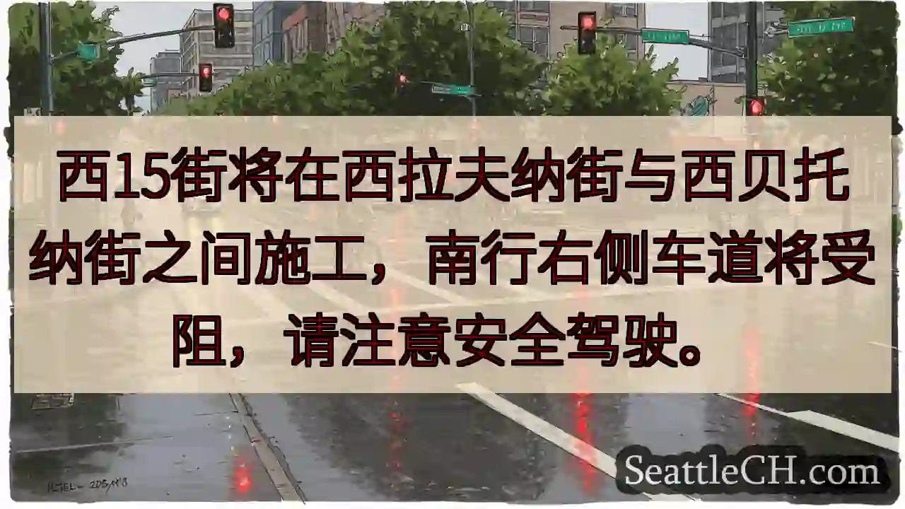 西15街施工！右侧车道受阻，注意安全。
