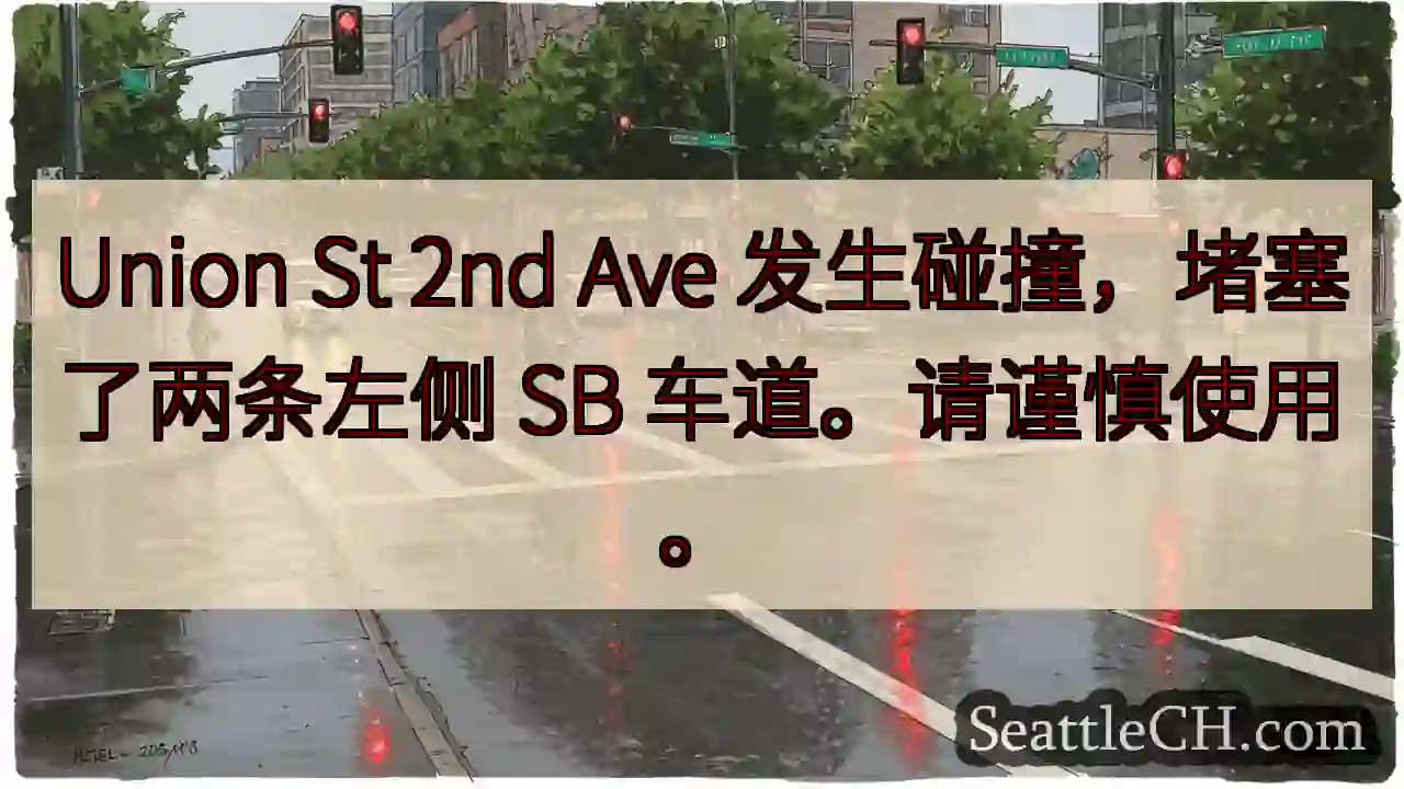 Union St 2nd Ave 发生碰撞，堵塞了两条左侧 SB 车道。请谨慎使用。