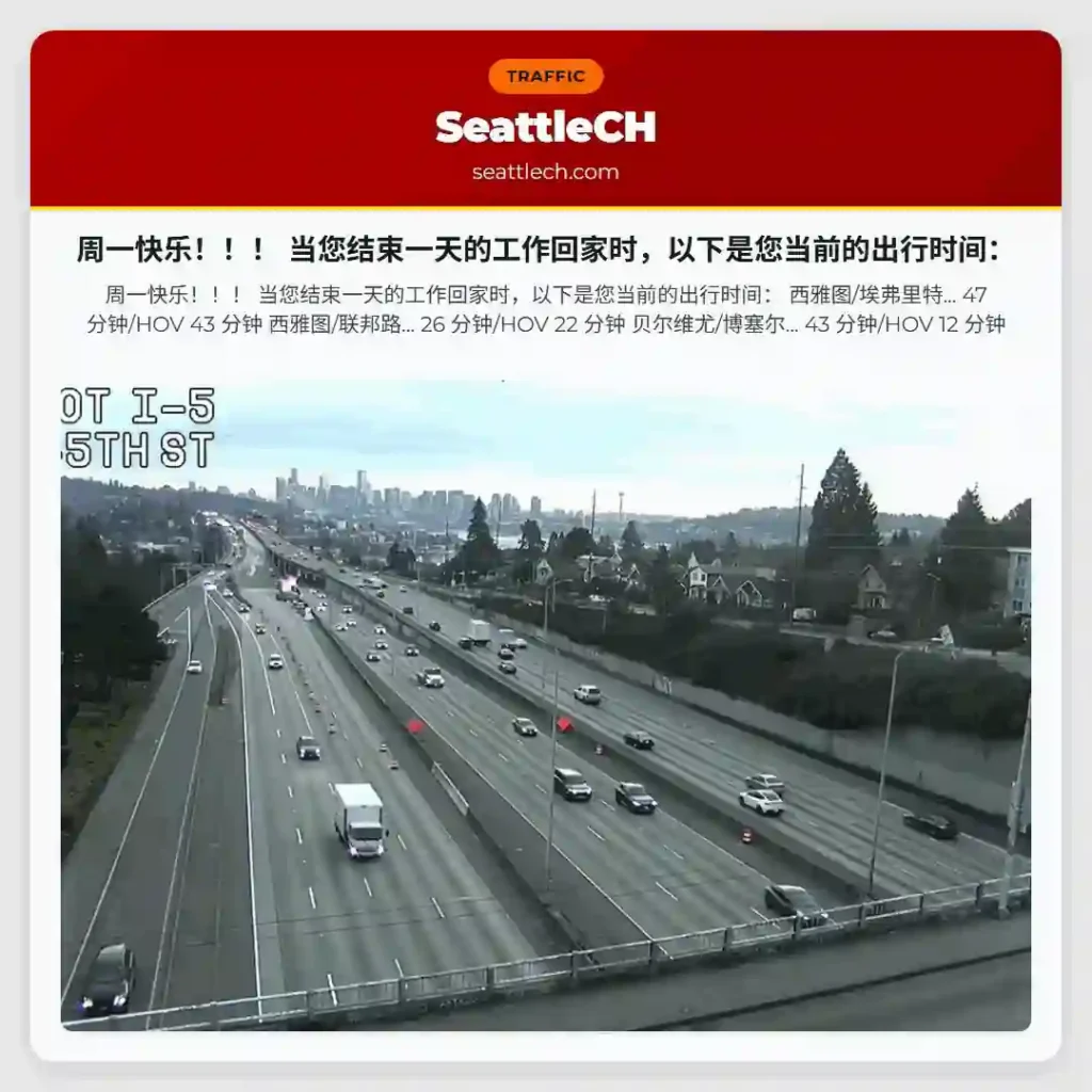 周一快乐！！！ 当您结束一天的工作回家时，以下是您当前的出行时间：