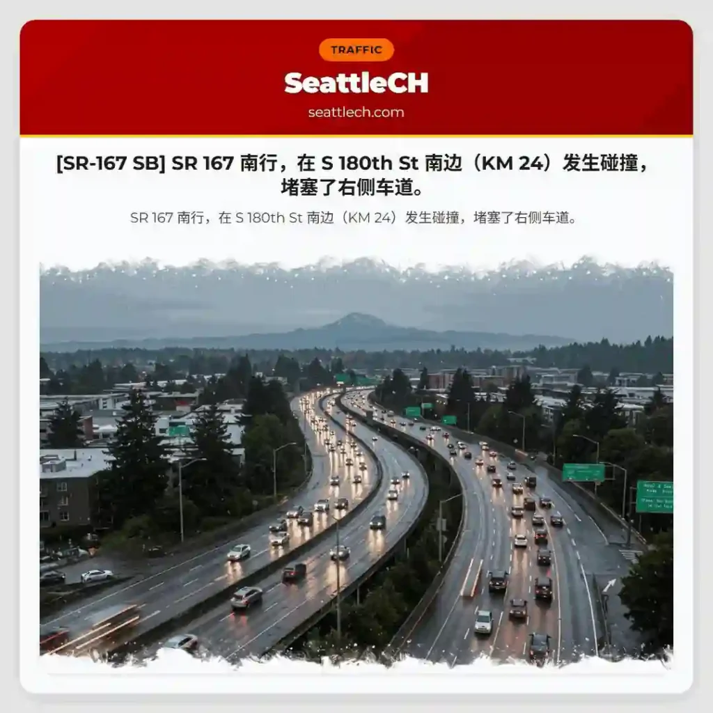 [SR-167 SB] SR 167 南行，在 S 180th St 南边（KM 24）发生碰撞，堵塞了右侧车道。