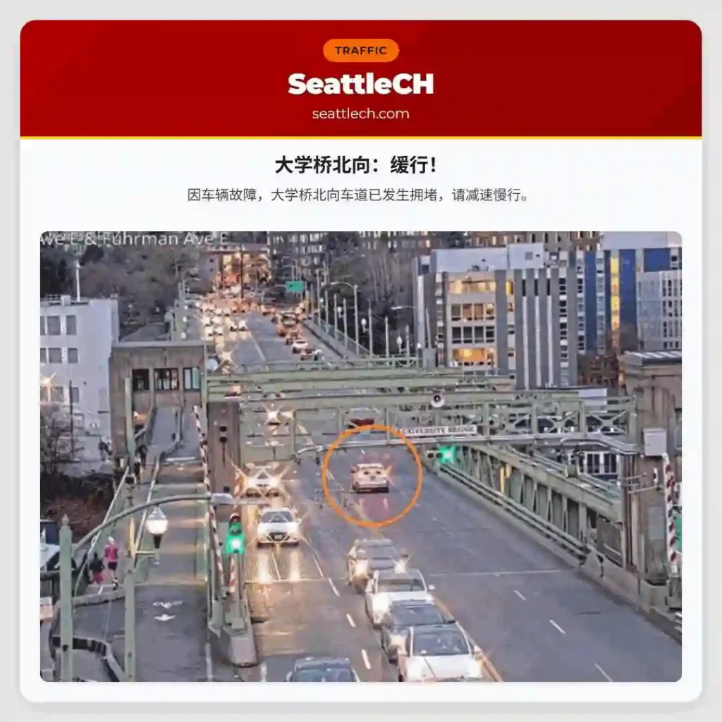 大学桥北向：缓行！