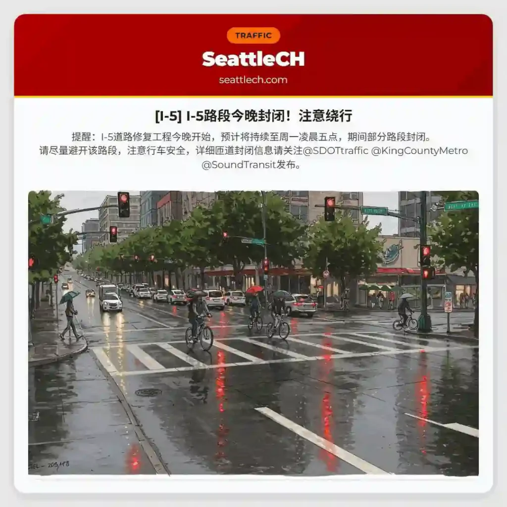 [I-5] I-5路段今晚封闭！注意绕行