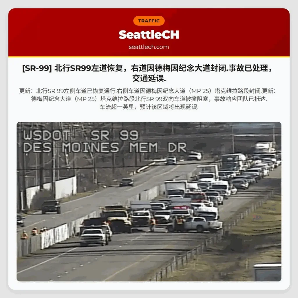 [SR-99] 北行SR99左道恢复，右道因德梅因纪念大道封闭.事故已处理，交通延误.