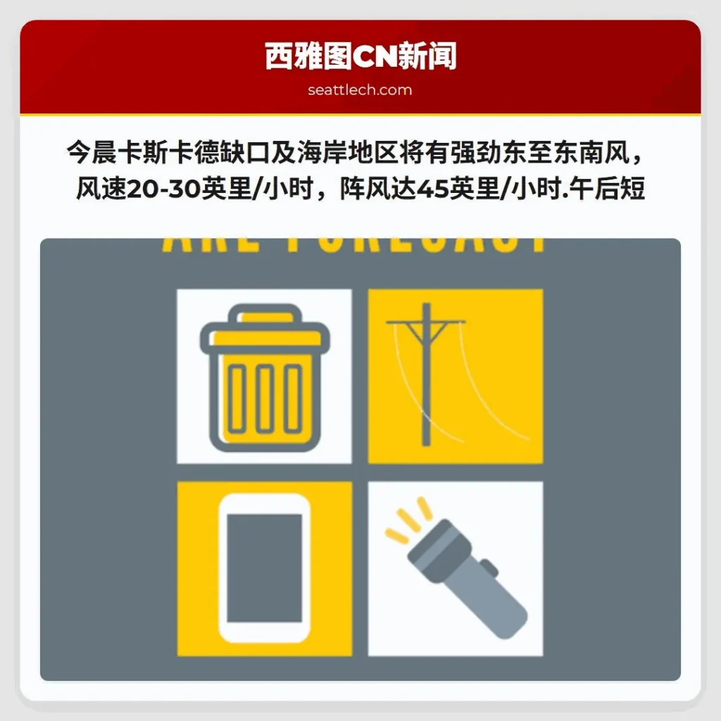 今晨卡斯卡德缺口及海岸地区将有强劲东至东南风，风速20-30英里/小时，阵风达45英里/小时.午后短
