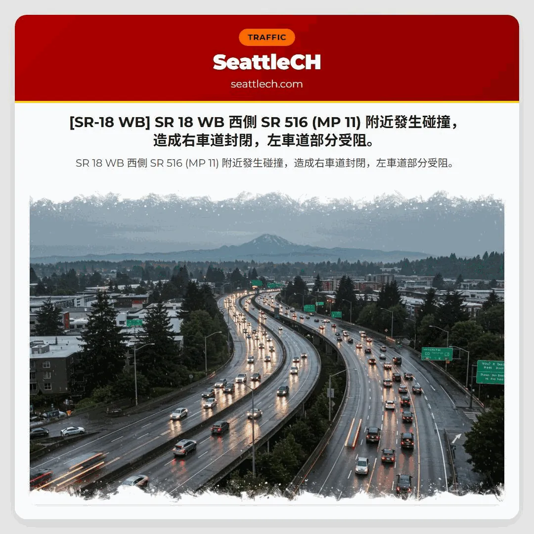 [SR-18 WB] SR 18 WB 西側 SR 516 (MP 11) 附近發生碰撞，造成右車道封閉，左車道部分受阻。