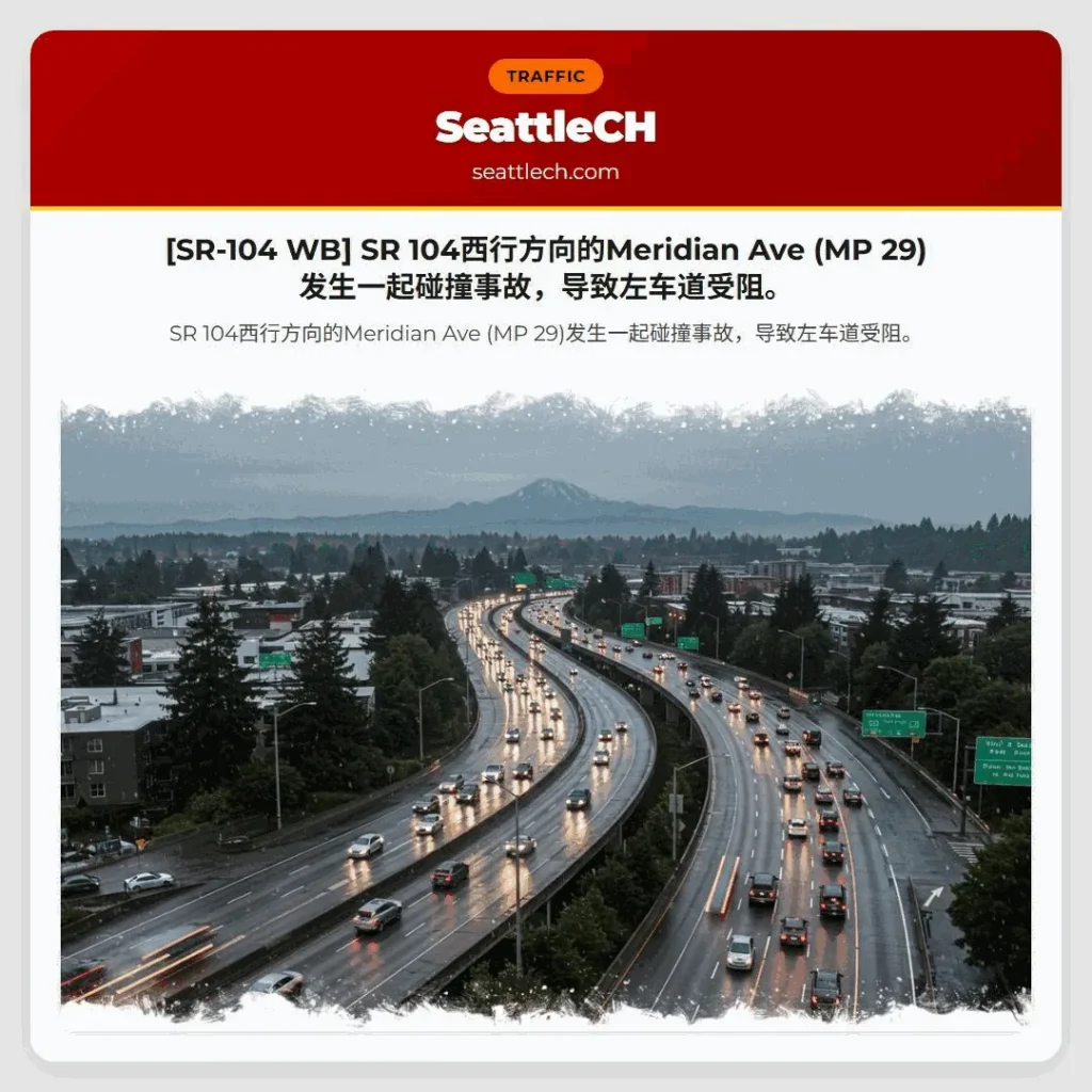 [SR-104 WB] SR 104西行方向的Meridian Ave (MP 29)发生一起碰撞事故，导致左车道受阻。