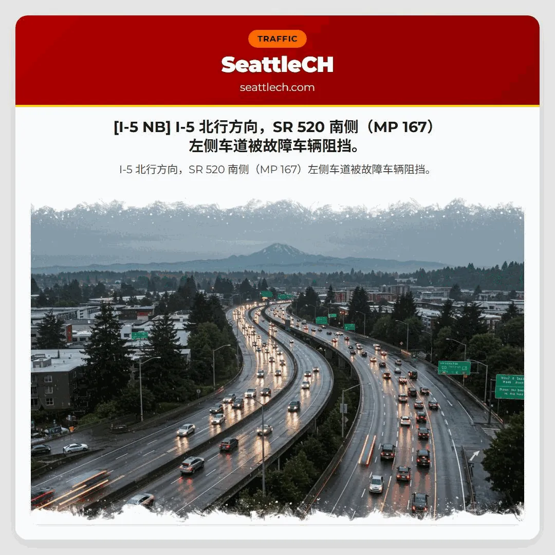 [I-5 NB] I-5 北行方向，SR 520 南侧（MP 167）左侧车道被故障车辆阻挡。