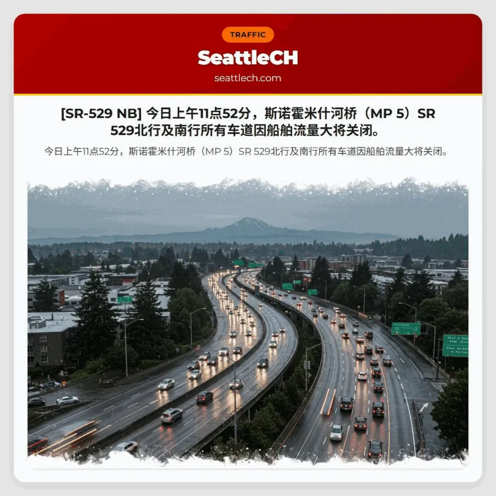 [SR-529 NB] 今日上午11点52分，斯诺霍米什河桥（MP 5）SR 529北行及南行所有车道因船舶流量大将关闭。