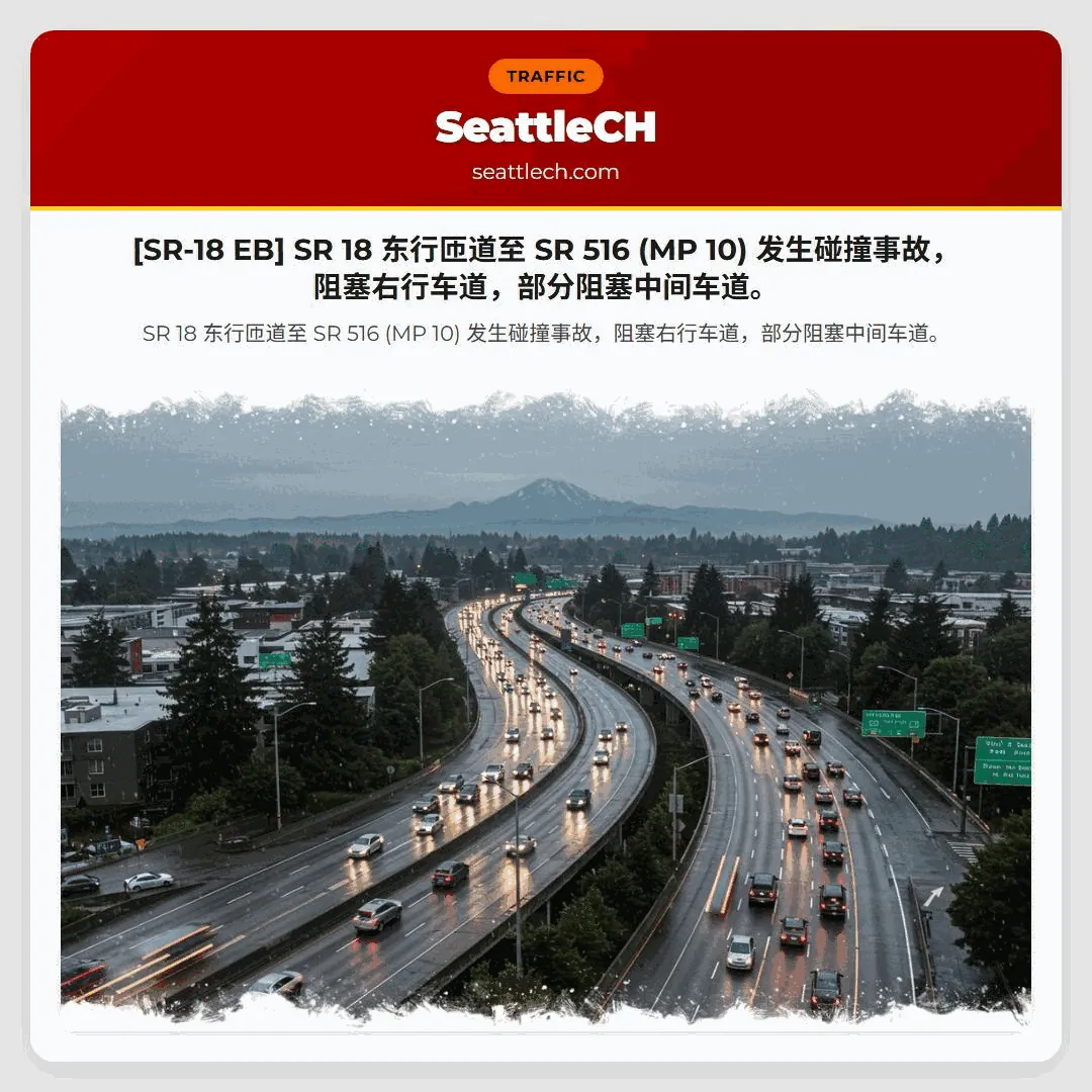 [SR-18 EB] SR 18 东行匝道至 SR 516 (MP 10) 发生碰撞事故，阻塞右行车道，部分阻塞中间车道。