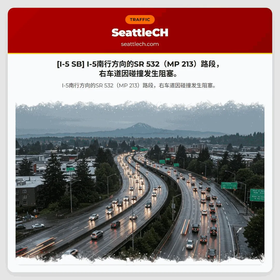 [I-5 SB] I-5南行方向的SR 532（MP 213）路段，右车道因碰撞发生阻塞。