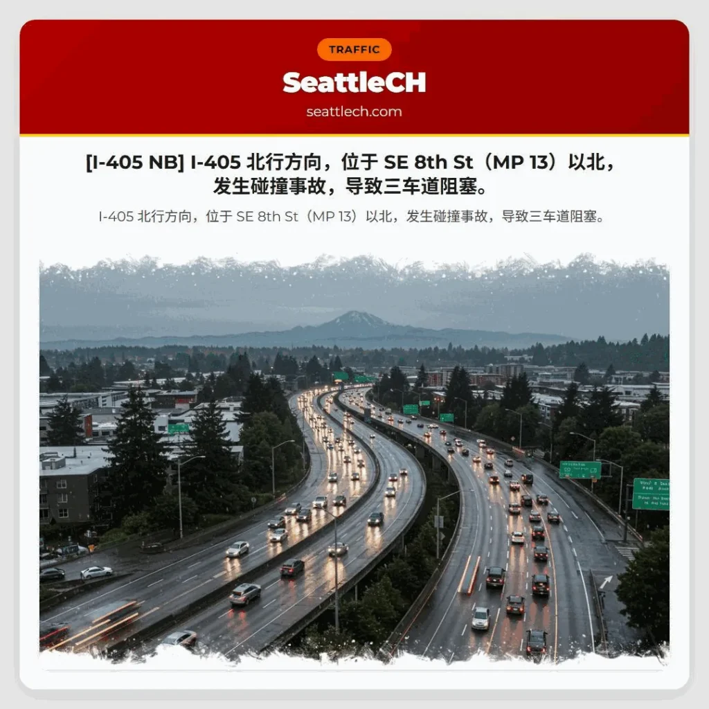 [I-405 NB] I-405 北行方向，位于 SE 8th St（MP 13）以北，发生碰撞事故，导致三车道阻塞。