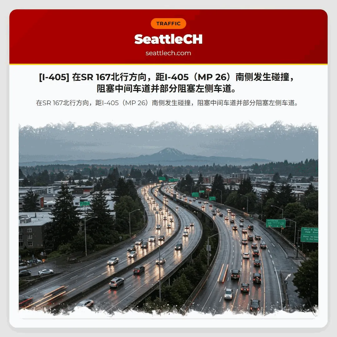 [I-405] 在SR 167北行方向，距I-405（MP 26）南侧发生碰撞，阻塞中间车道并部分阻塞左侧车道。