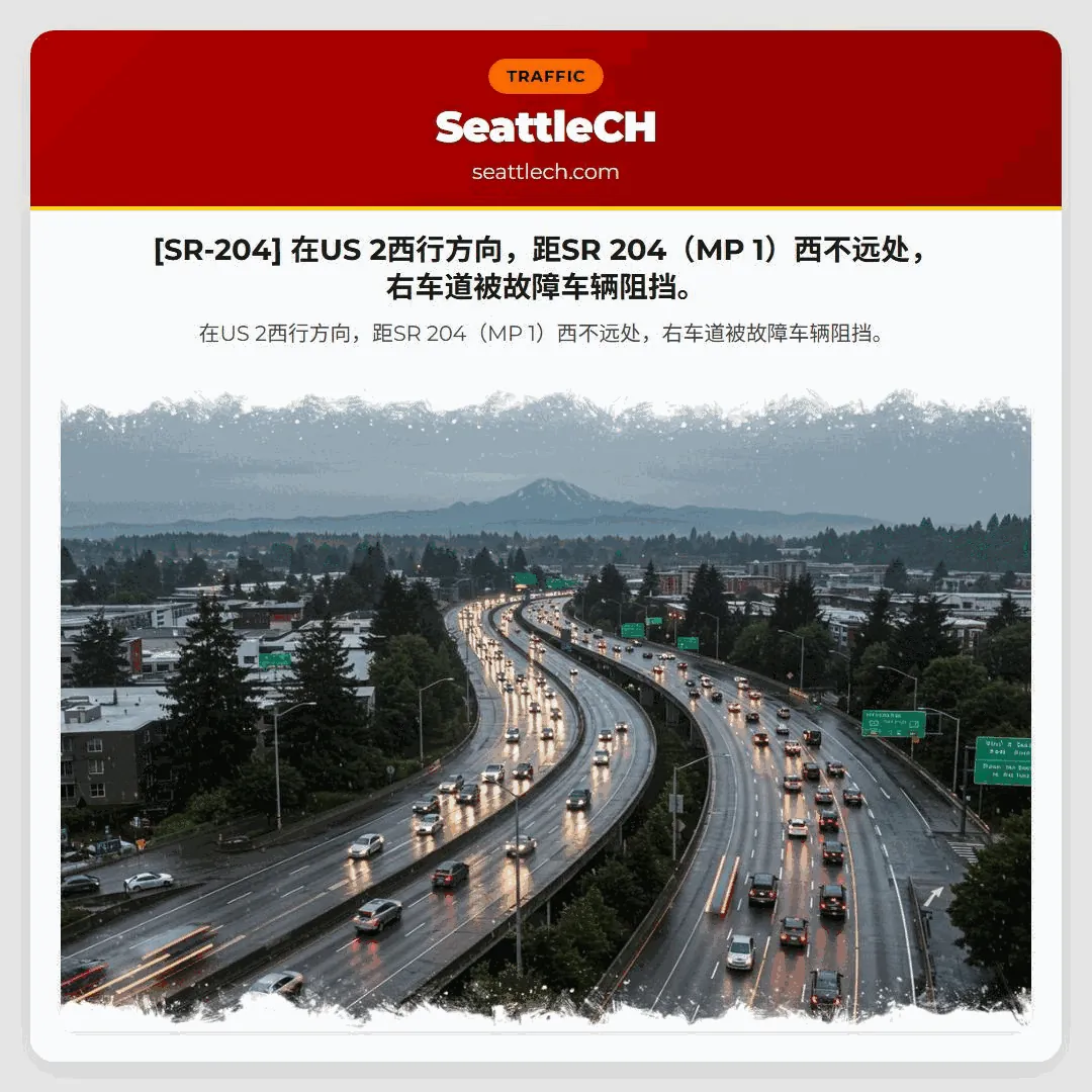 [SR-204] 在US 2西行方向，距SR 204（MP 1）西不远处，右车道被故障车辆阻挡。