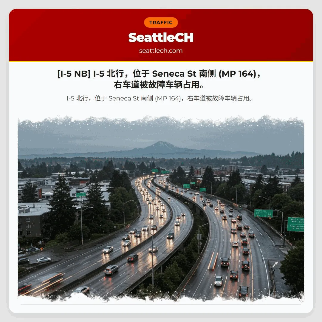[I-5 NB] I-5 北行，位于 Seneca St 南侧 (MP 164)，右车道被故障车辆占用。