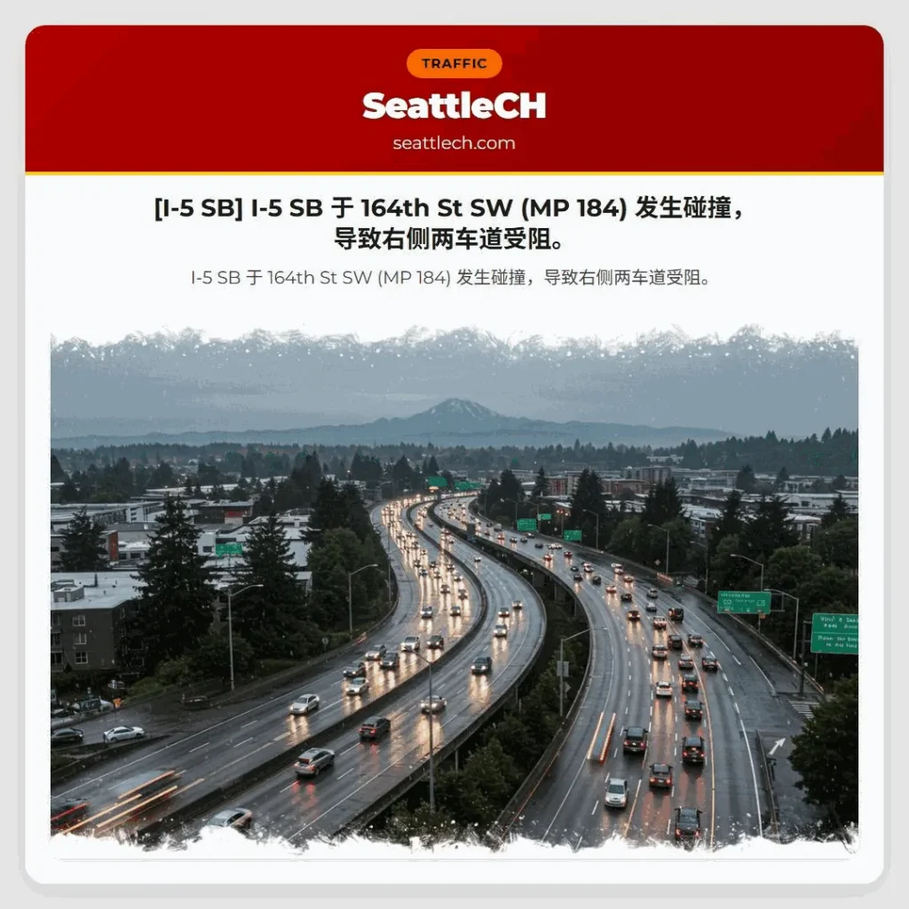 [I-5 SB] I-5 SB 于 164th St SW (MP 184) 发生碰撞，导致右侧两车道受阻。