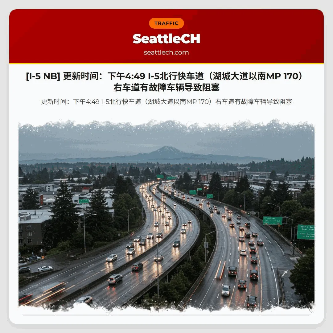 [I-5 NB] 更新时间：下午4:49 I-5北行快车道（湖城大道以南MP 170）右车道有故障车辆导致阻塞