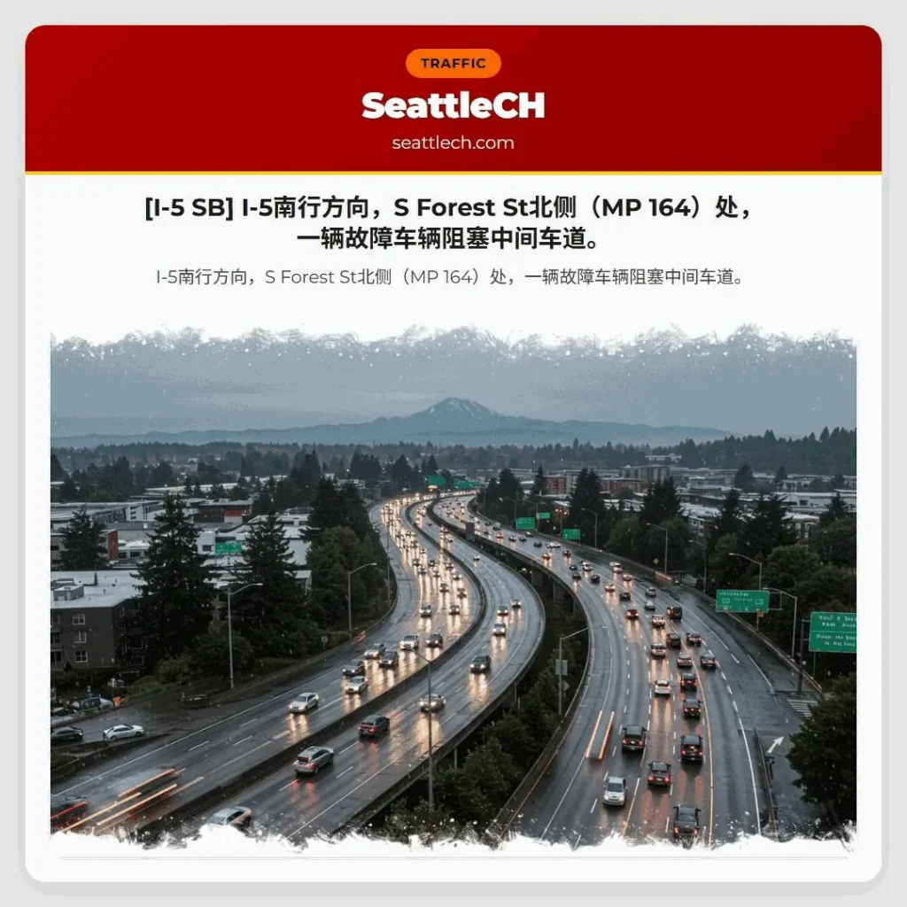 [I-5 SB] I-5南行方向，S Forest St北侧（MP 164）处，一辆故障车辆阻塞中间车道。