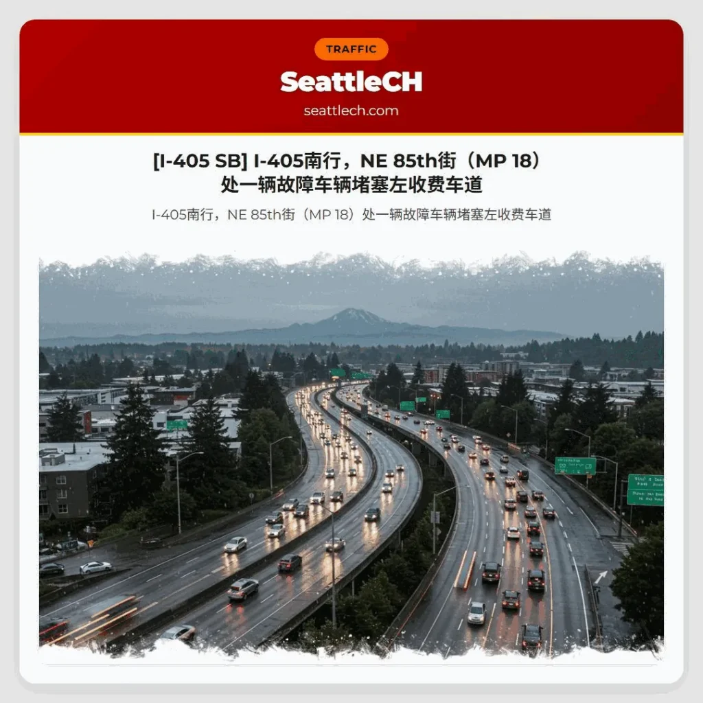 [I-405 SB] I-405南行，NE 85th街（MP 18）处一辆故障车辆堵塞左收费车道