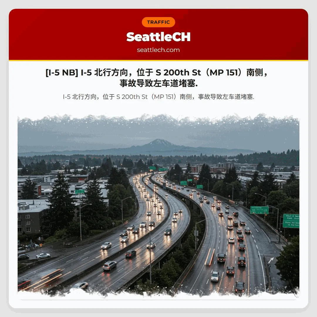 [I-5 NB] I-5 北行方向，位于 S 200th St（MP 151）南侧，事故导致左车道堵塞.