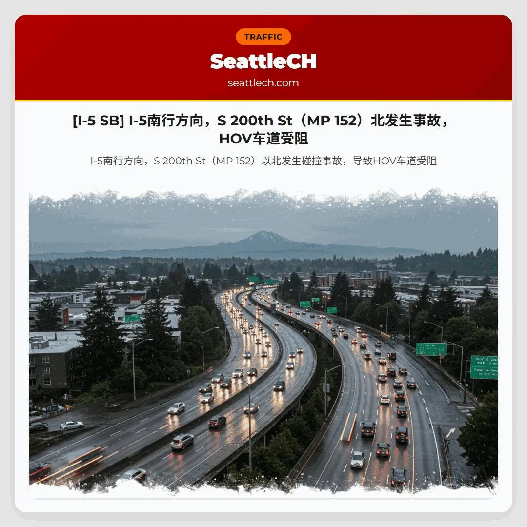 [I-5 SB] I-5南行方向，S 200th St（MP 152）北发生事故，HOV车道受阻