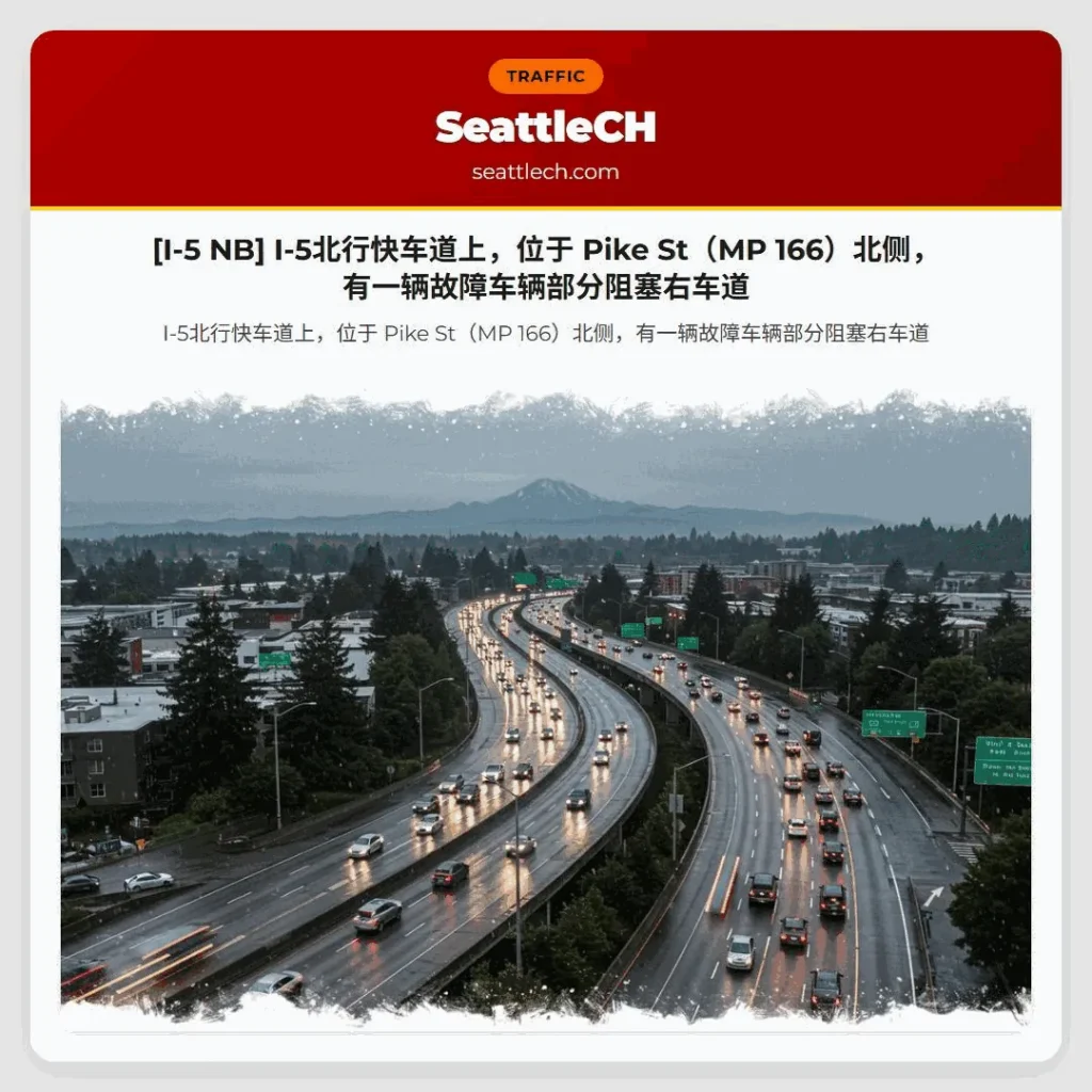 [I-5 NB] I-5北行快车道上，位于 Pike St（MP 166）北侧，有一辆故障车辆部分阻塞右车道
