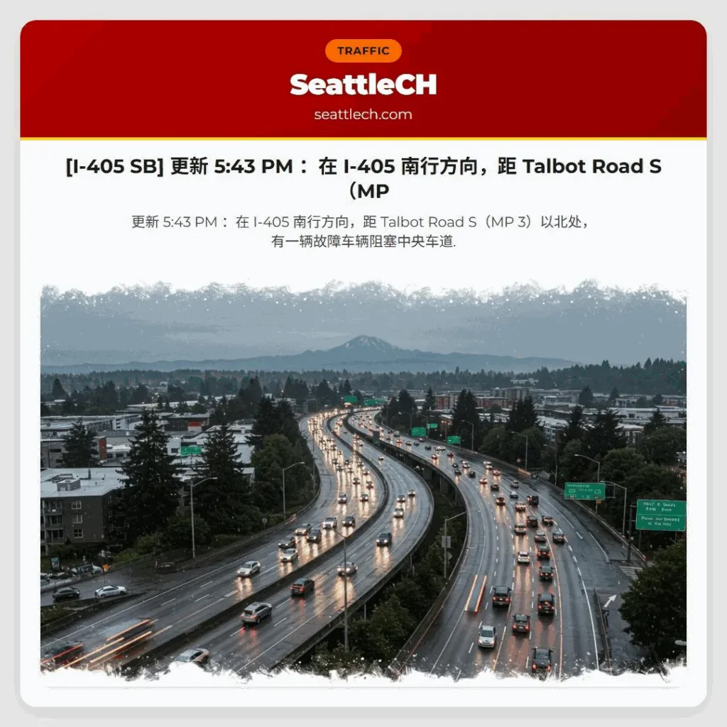 [I-405 SB] 更新 5:43 PM ：在 I-405 南行方向，距 Talbot Road S（MP