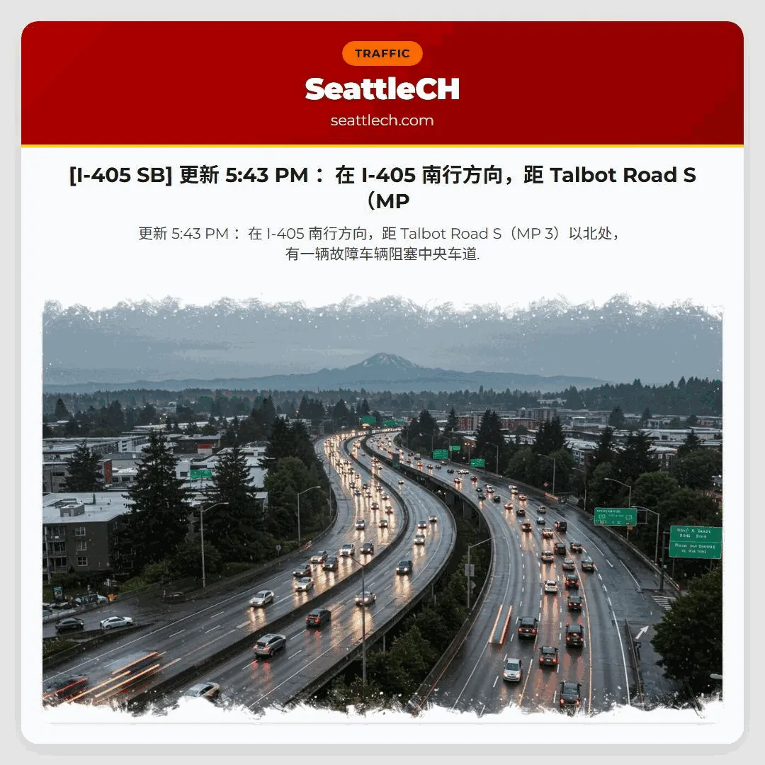 [I-405 SB] 更新 5:43 PM ：在 I-405 南行方向，距 Talbot Road S（MP