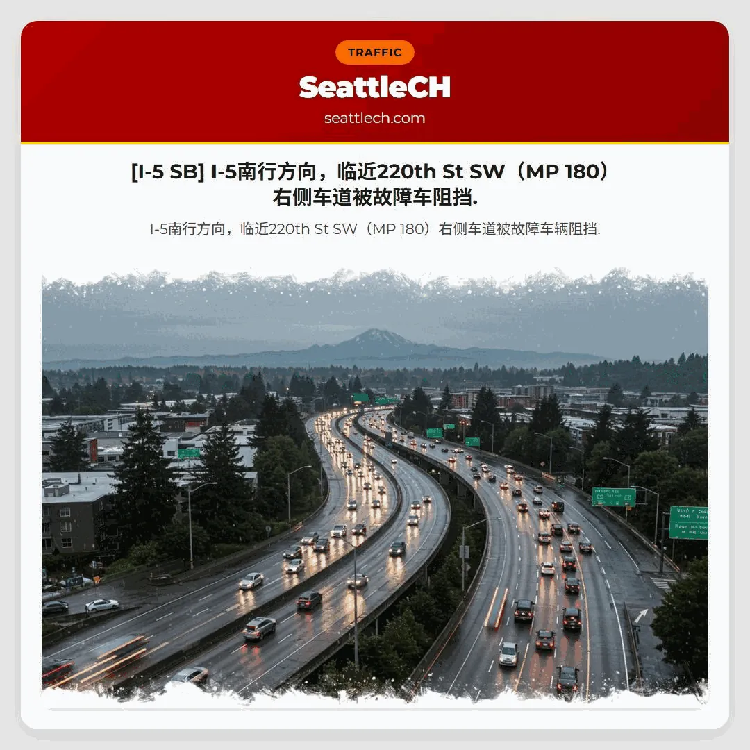 [I-5 SB] I-5南行方向，临近220th St SW（MP 180）右侧车道被故障车阻挡.