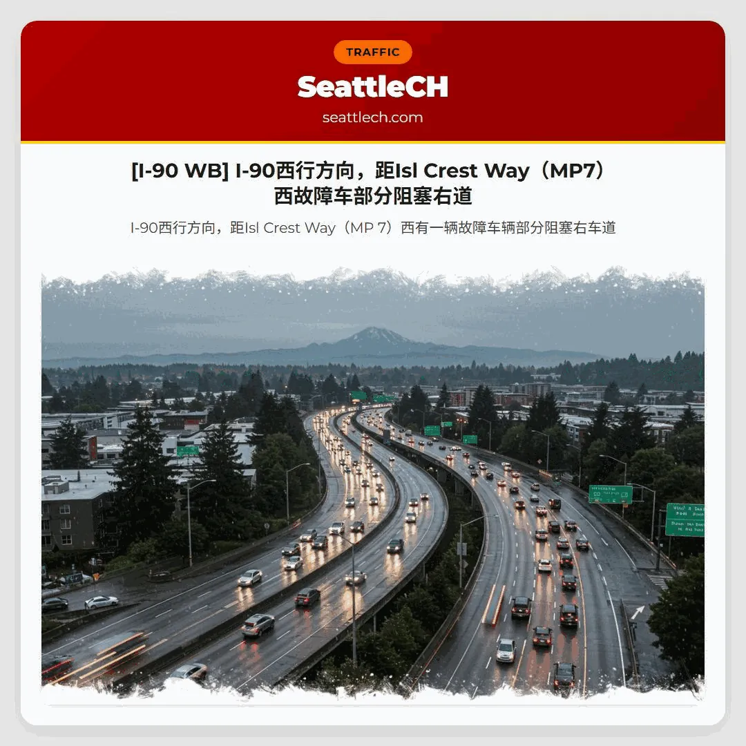[I-90 WB] I-90西行方向，距Isl Crest Way（MP7）西故障车部分阻塞右道