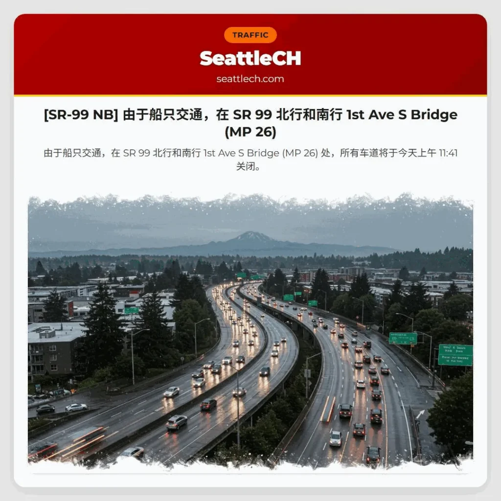 [SR-99 NB] 由于船只交通，在 SR 99 北行和南行 1st Ave S Bridge (MP 26)