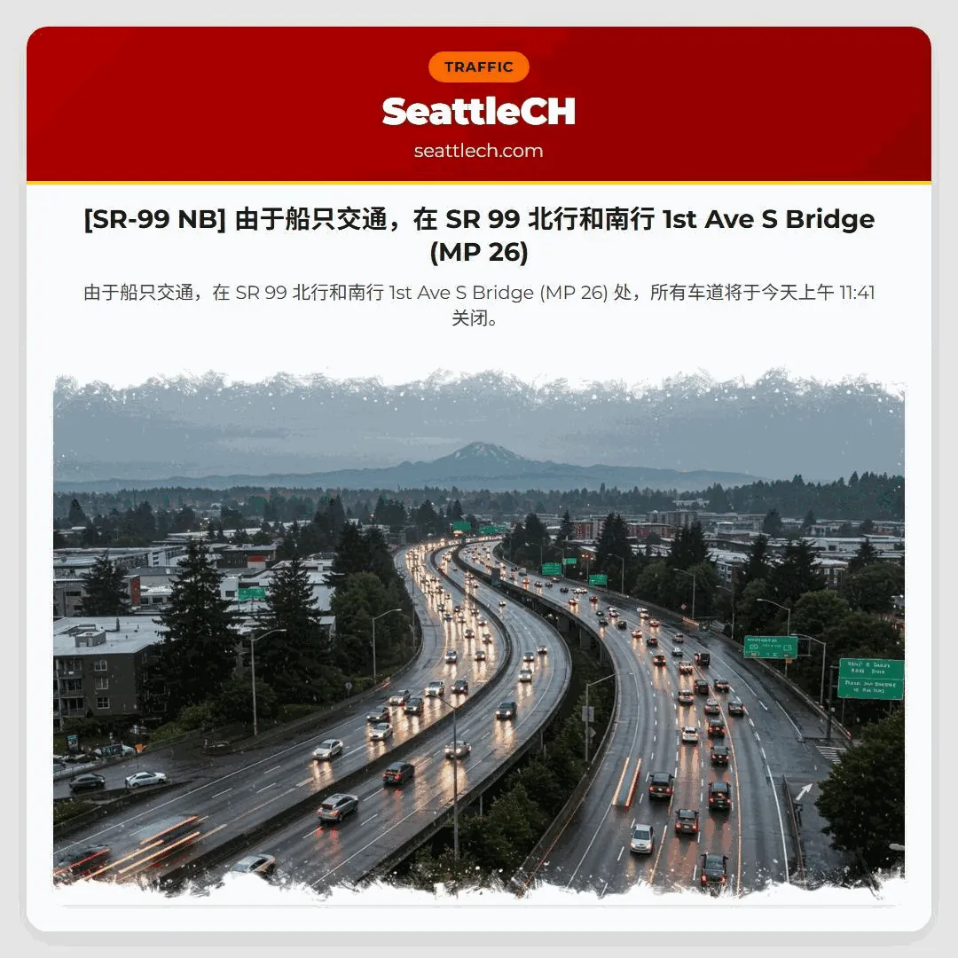 [SR-99 NB] 由于船只交通，在 SR 99 北行和南行 1st Ave S Bridge (MP 26)
