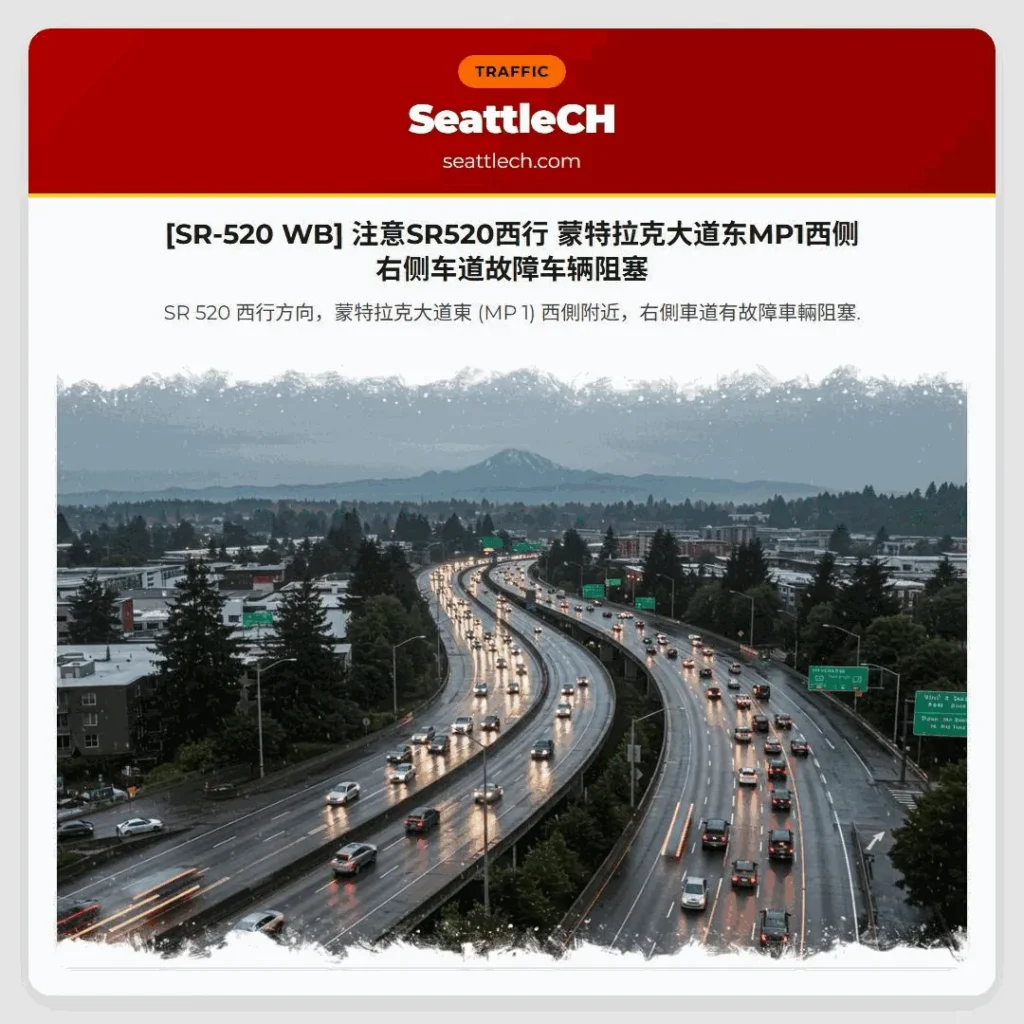 [SR-520 WB] 注意SR520西行 蒙特拉克大道东MP1西侧 右侧车道故障车辆阻塞