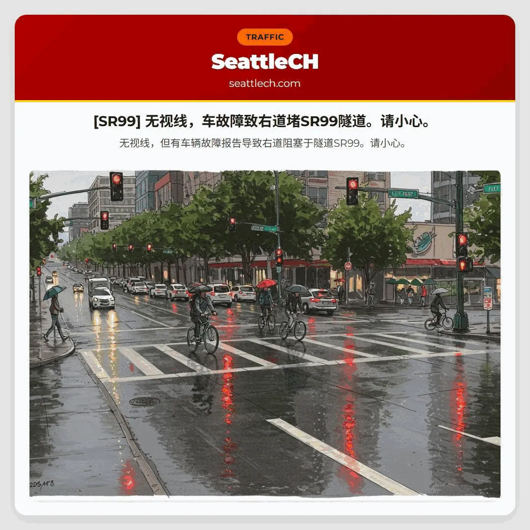 [SR99] 无视线，车故障致右道堵SR99隧道。请小心。