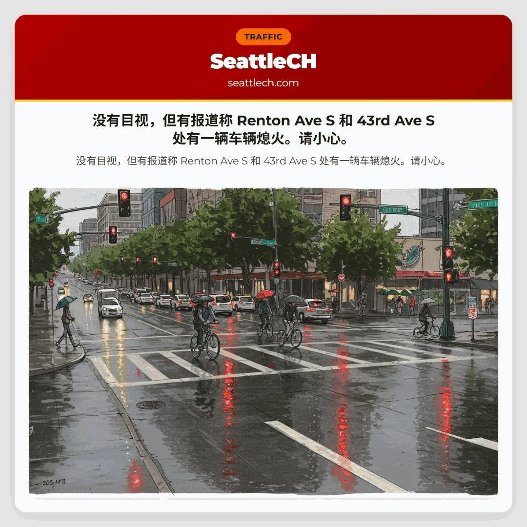 没有目视，但有报道称 Renton Ave S 和 43rd Ave S 处有一辆车辆熄火。请小心。
