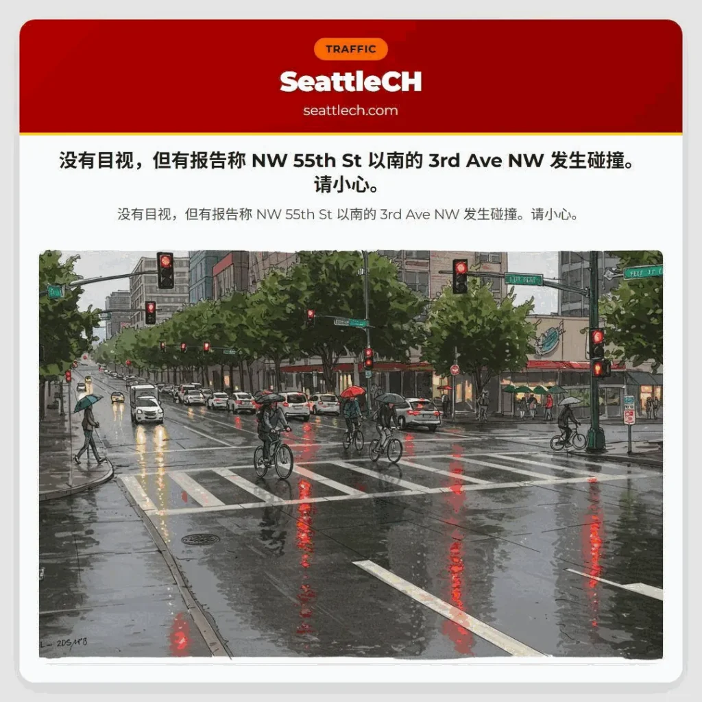 没有目视,但有报告称 NW 55th St 以南的 3rd Ave NW 发生碰撞。请小心。