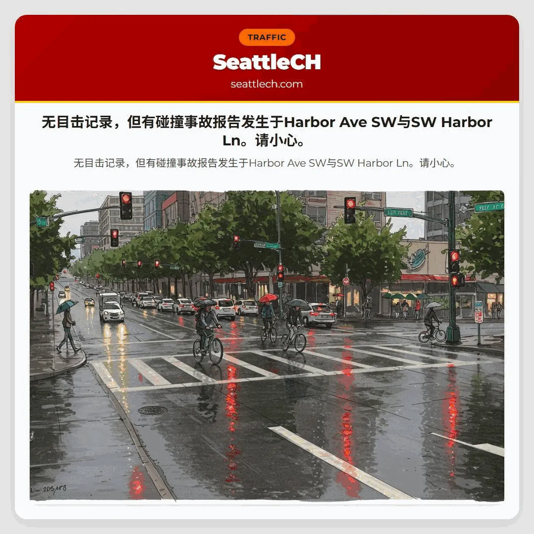 无目击记录，但有碰撞事故报告发生于Harbor Ave SW与SW Harbor Ln。请小心。